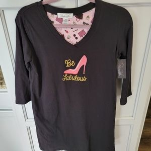 Rene Rofe BE FABULOUS Black Pajama Sleepshirt New NWT Size Small Embroidered